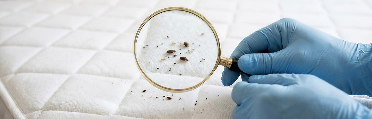 Bed bug or bedbug infestation concept as a magnification close up of parasitic insect pests on a pillow and under the sheets as a hygiene symbol and metaphor for inspection and danger of bloodsucking parasites living inside a mattress.